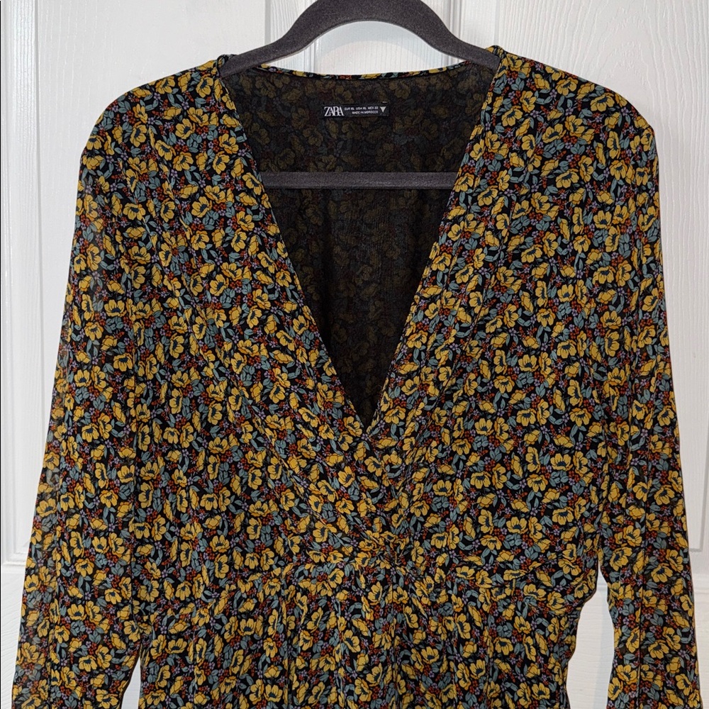 Zara Black and Yellow Floral V-Neck Dress